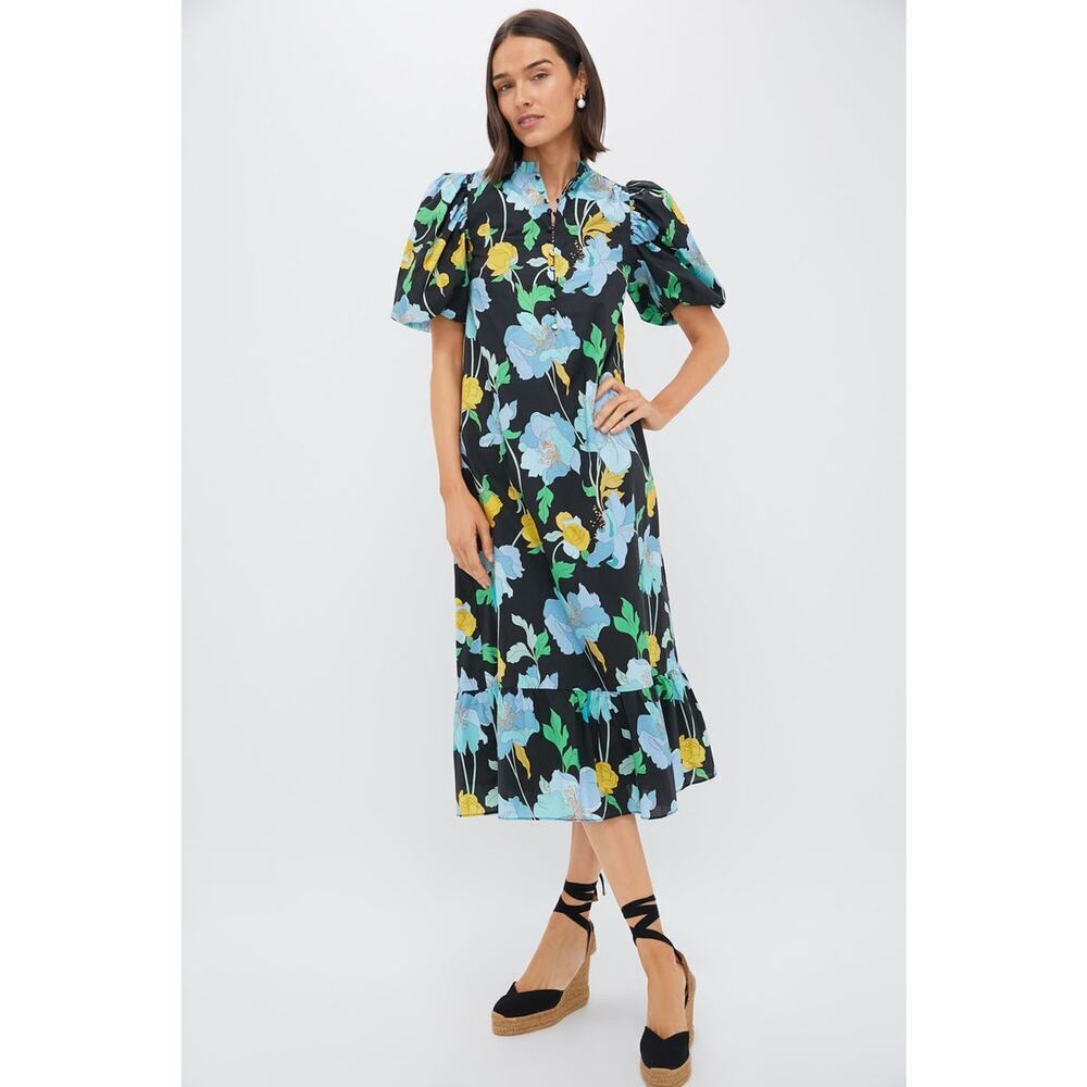 HYACINTH HOUSE Black & Airy Blue Floral Mimi Midi Dress XXS NWT